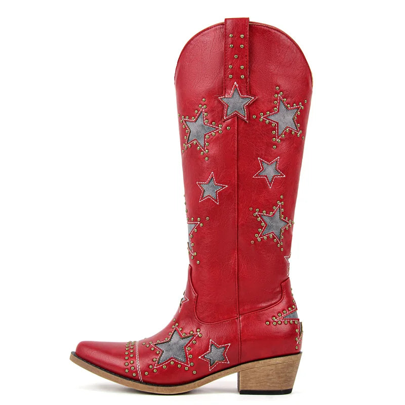 Onlymaker Women Embroidery Star Western Cowgirl Boots Pointed Toe Side Zipper Knee High with Chunky Heel  Boots