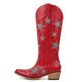 Onlymaker Women Embroidery Star Western Cowgirl Boots Pointed Toe Side Zipper Knee High with Chunky Heel  Boots