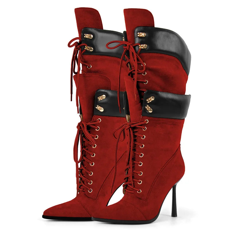Onlymaker Women Pointed Toe Double Stiletto High Heel Lace Up Mid-Calf Boots Fashion Sexy Lace Up Strappy Knee High Boots
