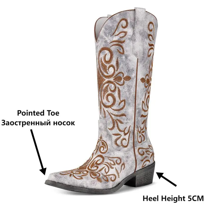 Western Cowboy Boots Toe  Embroidered  Block Heel Fashion Side Zipper Cowgirl Boots