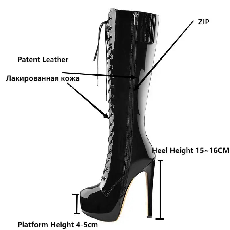 Onlymaker Women Platform Knee High Boots Zip Round Toe Stiletto High Heel Lace Up  Fashion Sexy Patent Leather Winter Boots