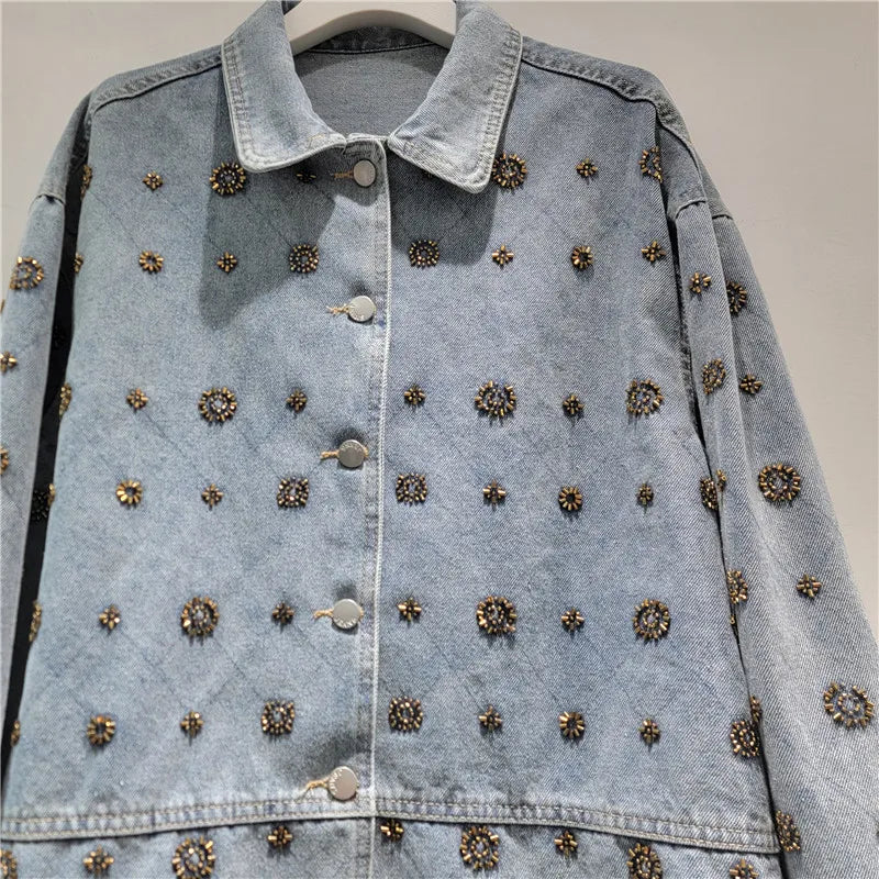 2026 Jeans Jacket Spring New Fashion Design Heavy Beaded Jacket For Women High Street Style Loose Denim Coat Female Trendy 11A08684