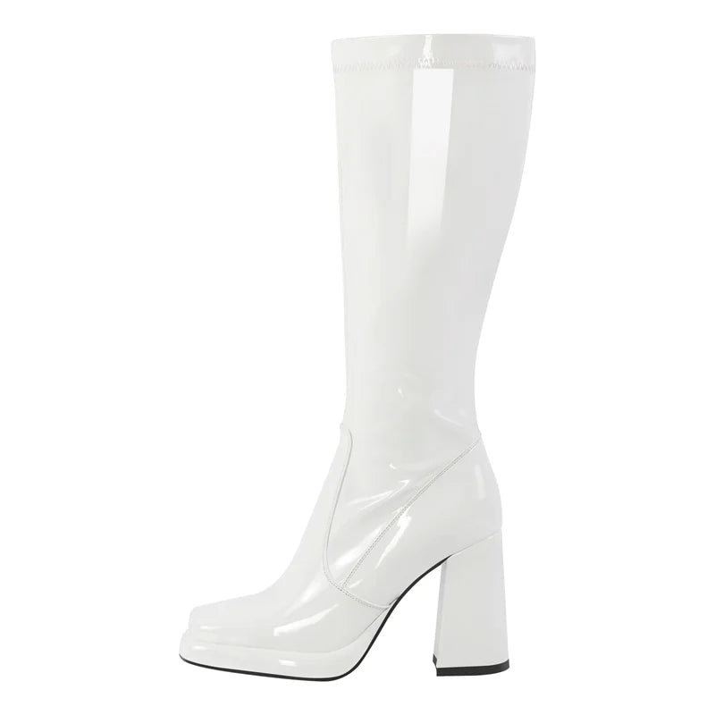 Onlymaker Women Square Toe Sliver Knee High Boots Side Zipper Fashion Handmade Chuny Heel  Big Size Female Boots