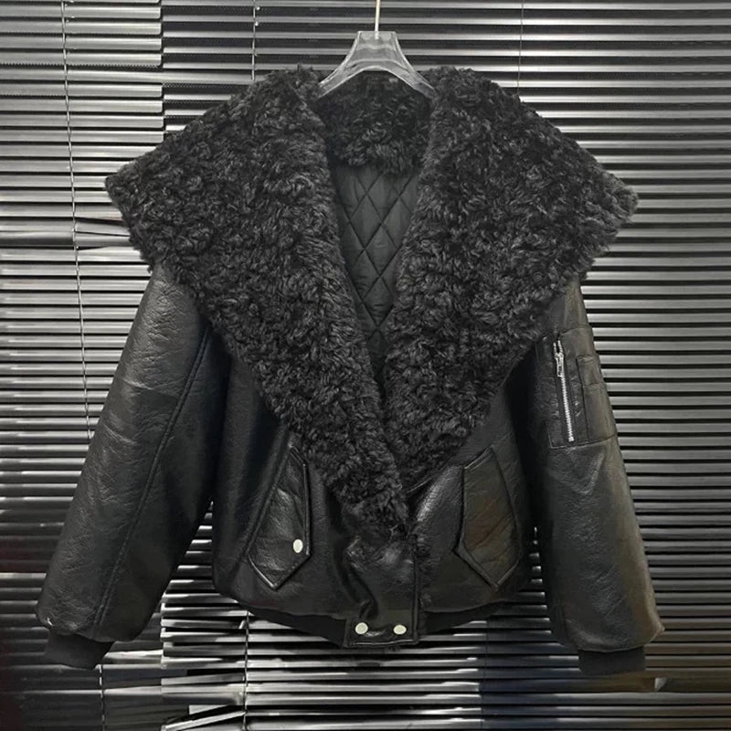 2026 Autumn Winter New Large Lapel Thickened Leather Jacket For Women Street Style Loose Quilted Coat Female 1A1353
