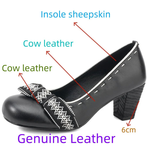 Handmade Genuine Leather Chunky Heel Bow Flats Style Round Toe Shallow Cut Spring New Versatile Shoes Women 34-40