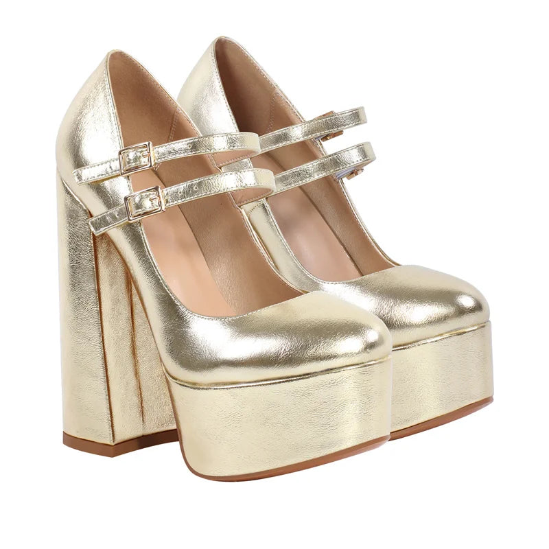 Women Mary-Jane Platform Pumps Gold Chunky 16CM High Heels Ankle Strap Dress Party Plus Size Hoof Heel Shoes
