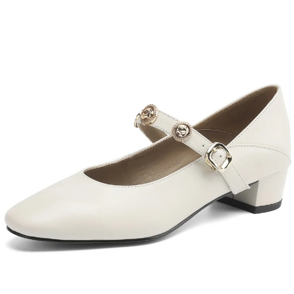 Handmade Genuine Leather Round Toe Med Heels Shallow Mary Janes Rivets Sweet Casual Elegant Luxury Dating 34-41