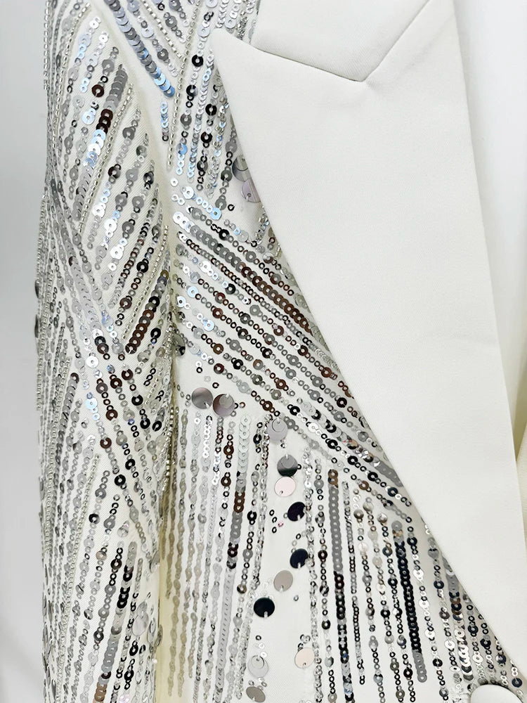 STREET Newest Fashion 2026 Designer Suit Set Women's Sequined Beading Single Button Blazer Flare Pants Set 2pcs