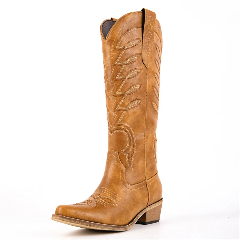 Onlymaker Women's Western Embroidery Cowgirl Boots Pointed Toe Side Zipper Knee High with Chunky Heel  Boots
