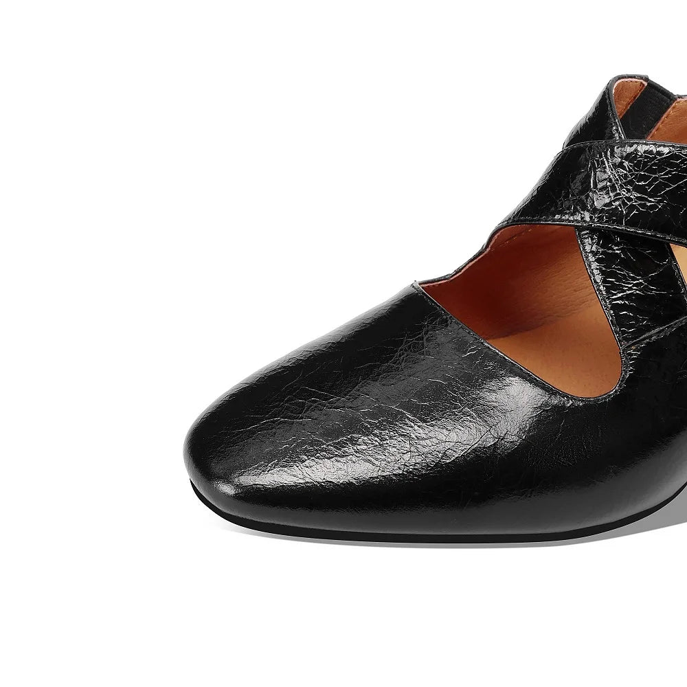 Handmade Brand Genuine Leather Women Cross Elastic Strap Square Mid Heels Formal Dress Prom 33-43