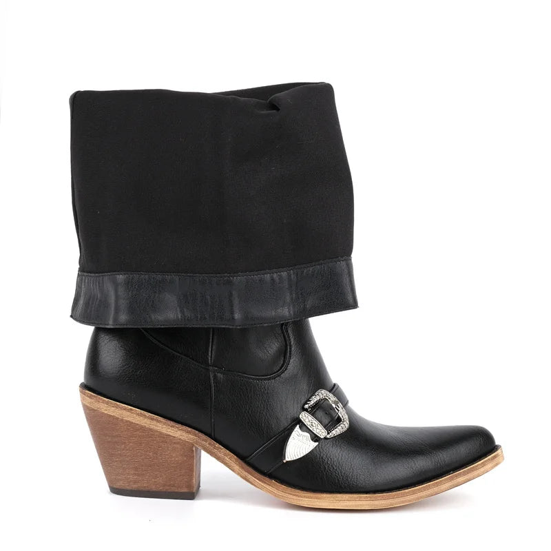 Onlymaker  Pointed Toe Women Western Cowgirl Boots Pull On Belt Buckle Knee High with Chunky Heel  Boots