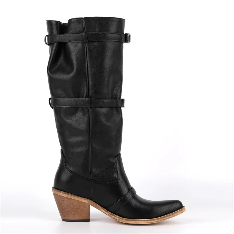 Onlymaker  Pointed Toe Women Western Cowgirl Boots Pull On Belt Buckle Knee High with Chunky Heel  Boots