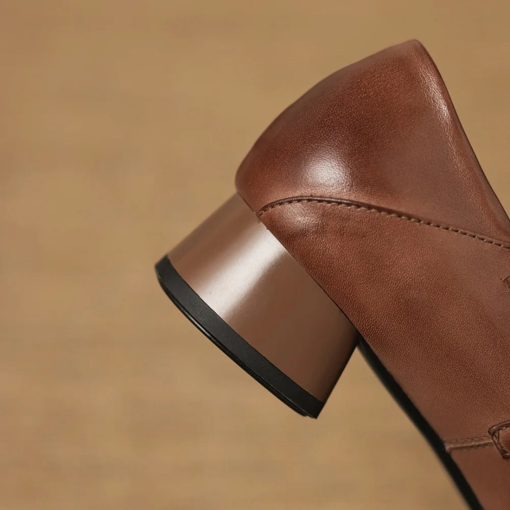 New Ladies Handmade Genuine Leather Mid Heel Bottom Lazy Easy to Wear Rubber Soft Bottom All Season Single 34-40
