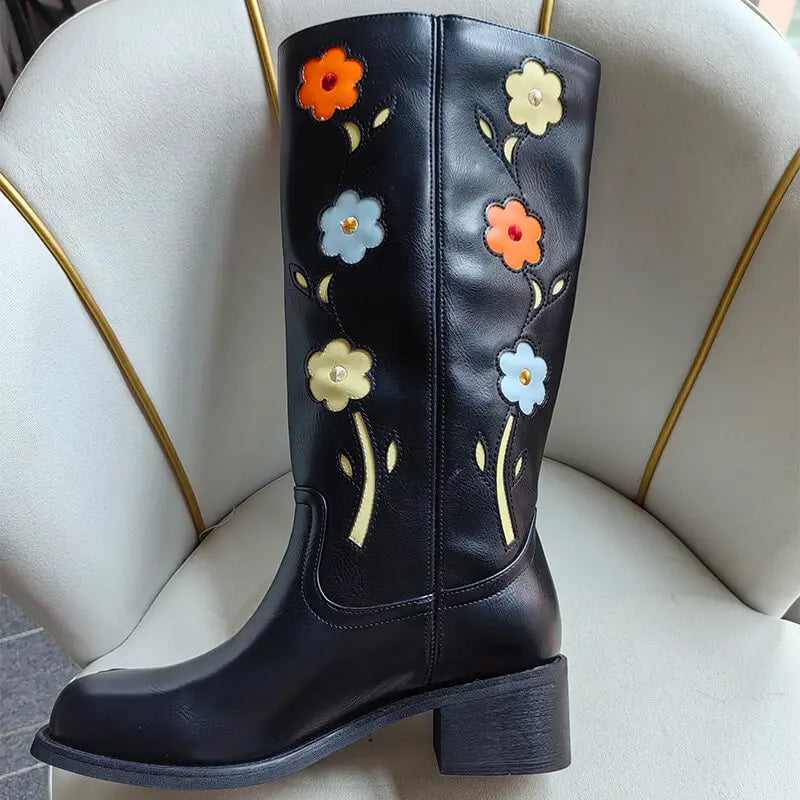 Onlymaker Women Round Toe Floral Western Embroidery Cowgirl Boots Pull On Knee High with Chunky Heel Embroidered Boots
