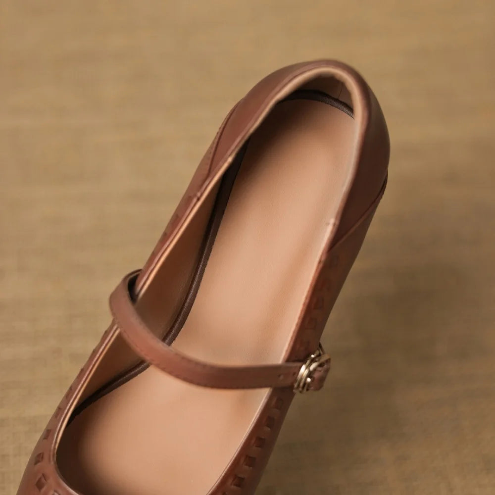 New Ladies Handmade Genuine Leather Mid Heel Bottom Lazy Easy to Wear Rubber Soft Bottom All Season Single 34-40