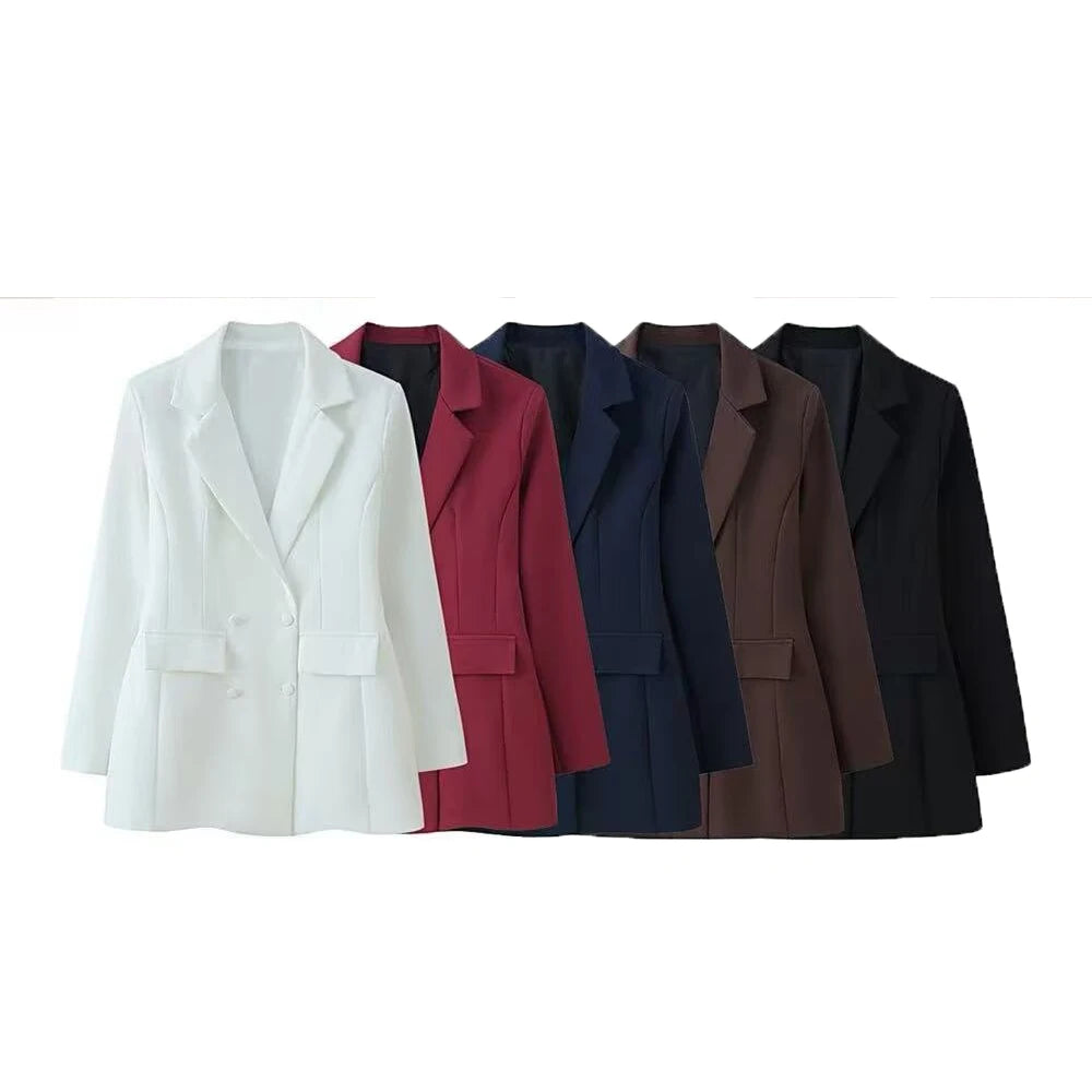 Spring new women's French collar long sleeved double breasted breasted decoration with waist cinching and slimming suit jacket