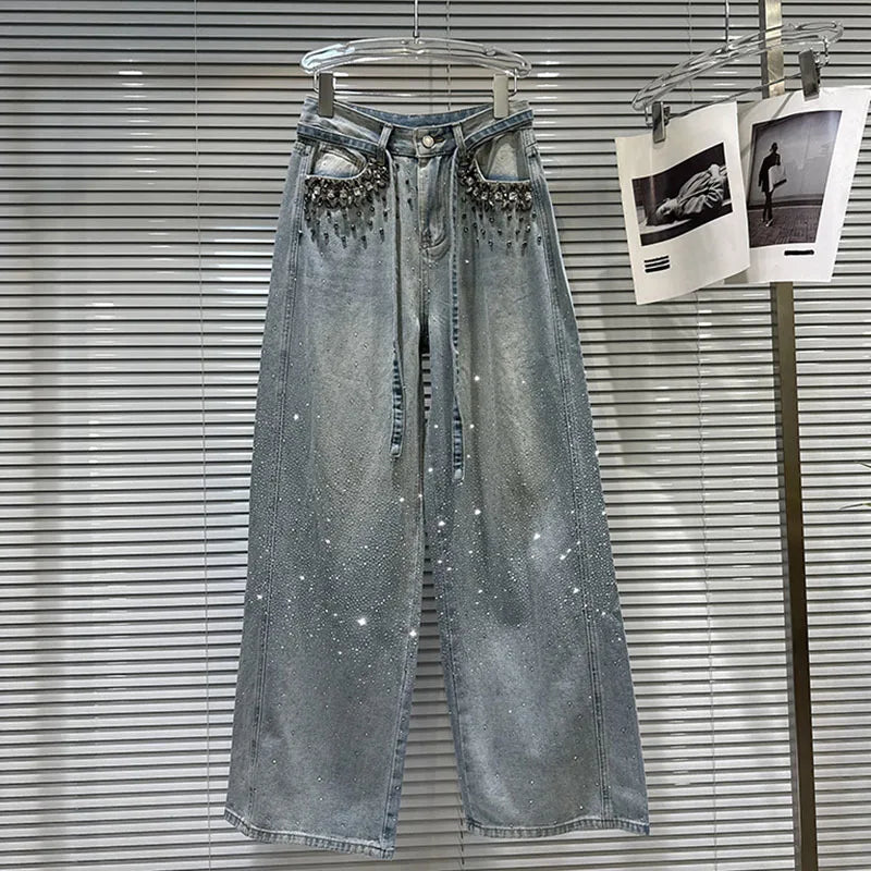 2026 Spring New Heavy Industry Pocket Rhinestone Vintage Wide-Leg Jeans For Women High Waist Straight Denim Pants 11A08297