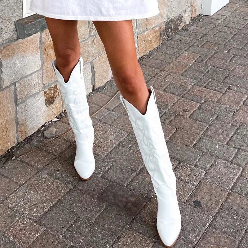 Onlymaker Women White Knee High Boots Western Cowboy Boots Wide Calf Embroidered Pointed Toe Block Heel Pull-On Cowgirl Booties