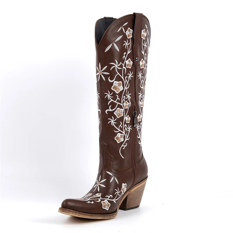 Onlymaker Women Pointed Toe Retro Western Cowgirl Boots Chunky Heel Embroidery Side Zipper Cowboy Boots