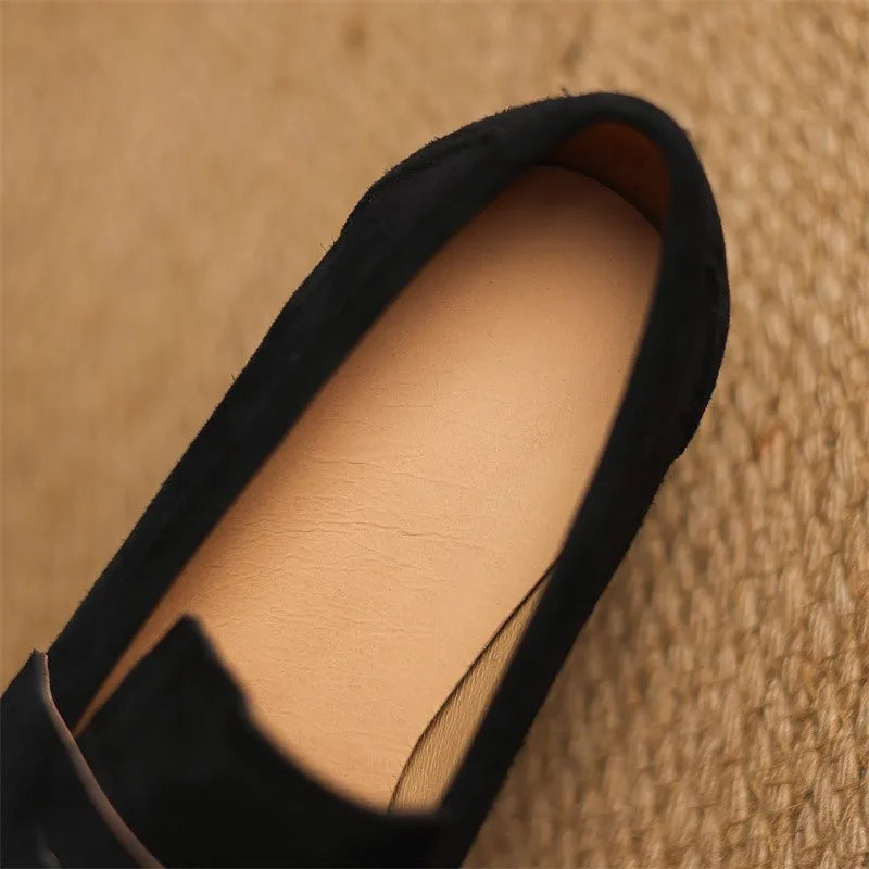 Spring Retro Genuine Kid Suede Loafers Women Slip On Low Thick Heels Pumps Female Comfort Daily Leather  Shoes
