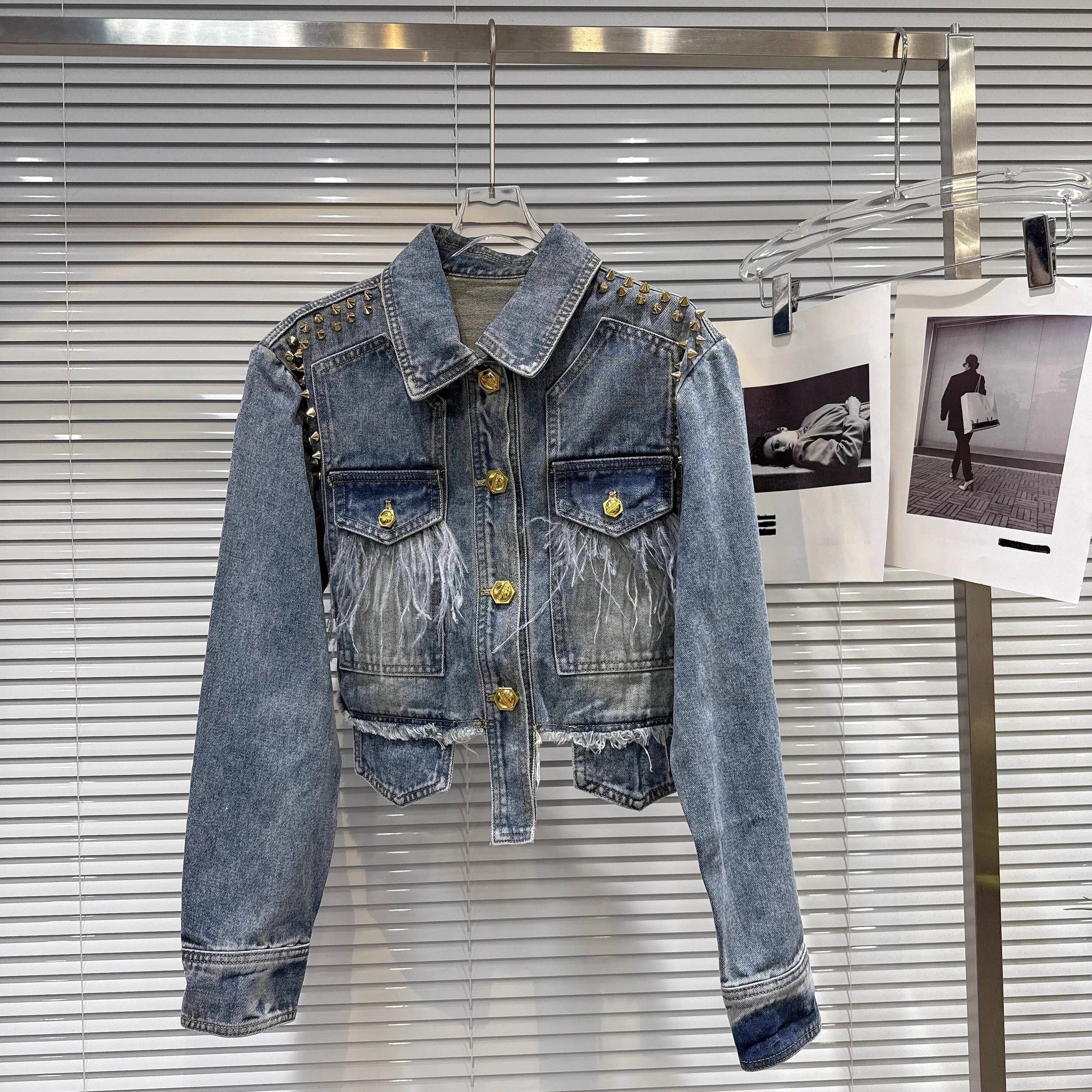 2026 Autumn New Street Style Heavy Industry Rivet Denim Jacket For Women Feather Beaded Wide-leg Shorts Female 11A06375