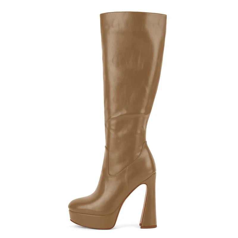 Onlymaker Black Platform Knee High Boots with Thin Heel Side Zipper Boots