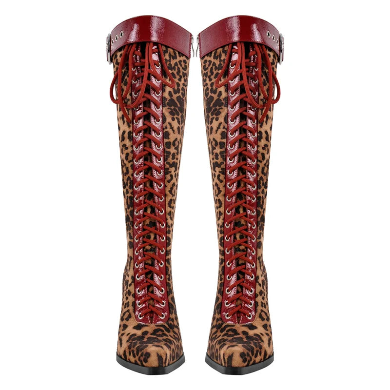 Women Pointed Toe Leopard Buckle Detail Knee High Boots  Stiletto Sexy  Kitten Heels Side Zipper Winter Boots