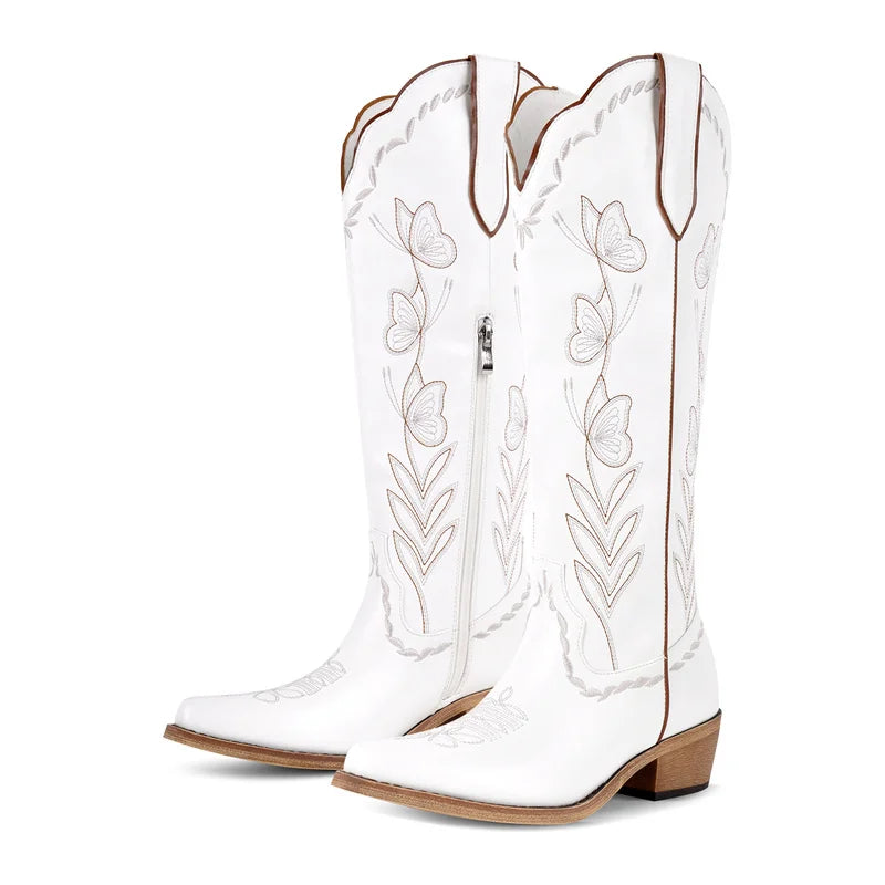 Onlymaker Women Pink Pointed Toe Pull-on Knee High Cowgirl Boots Big Size Comfy Female Mid Calf Chunky Heels Cowboy Boots