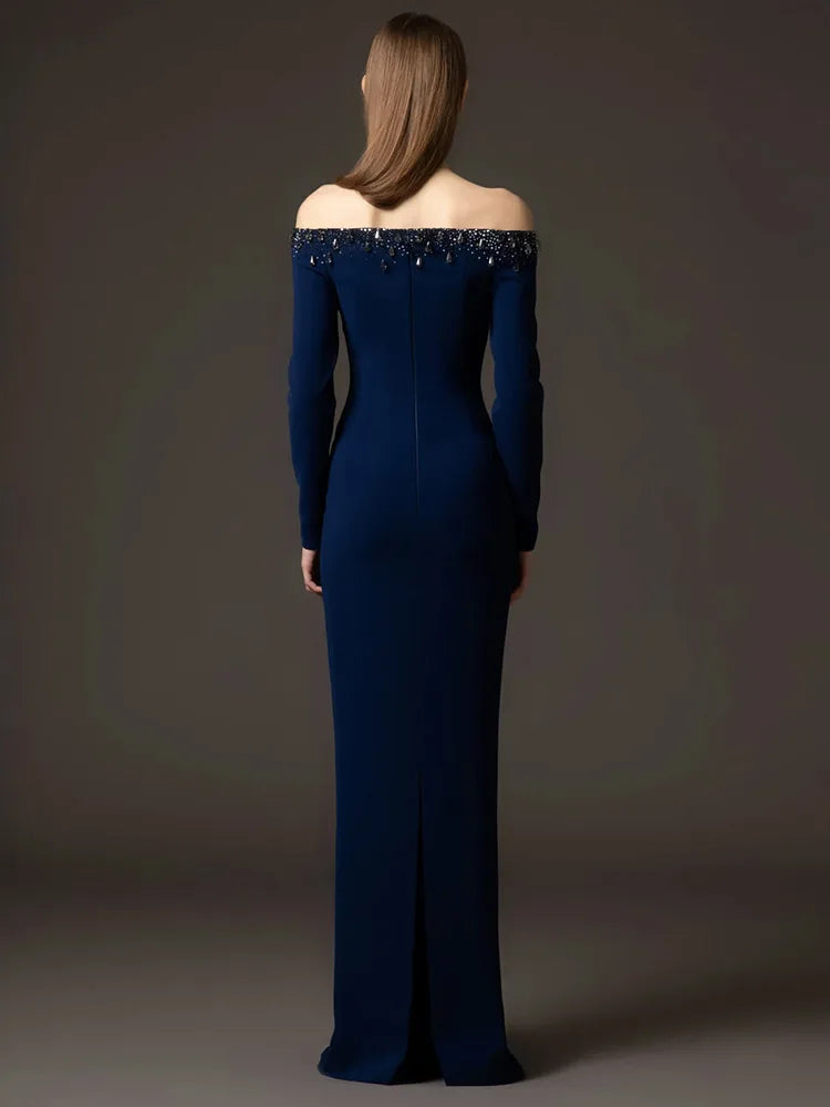 STREET Newest 2026 Designer Vestido Women's Diamonds Beaded Slash Neck Off The Shoulders Long Maxi Dress