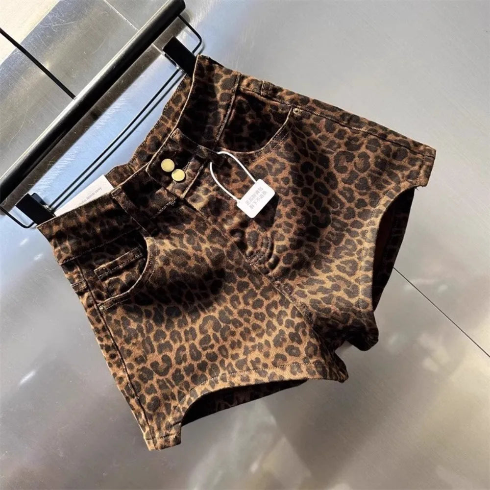 2026 Leopard Print High Waist Denim Shorts Women's New Irregular Fashion Wide-leg Pants Booty Shorts Jeans Mini Shorts Summer