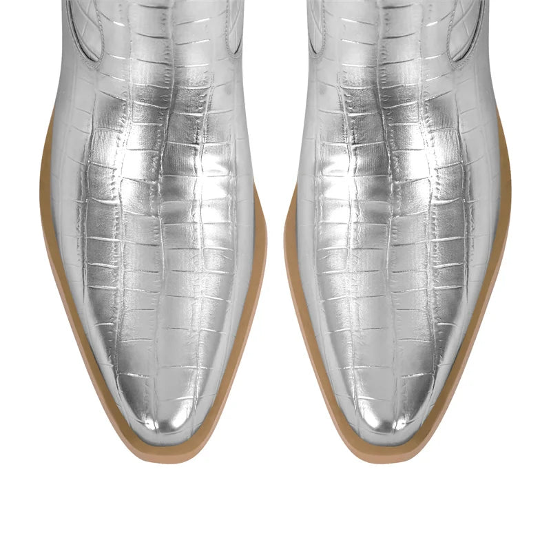 Onlymaker Women Pointed Toe Silver Over The Knee Boots  Chunky Heel Fashion Handmade Female Boots