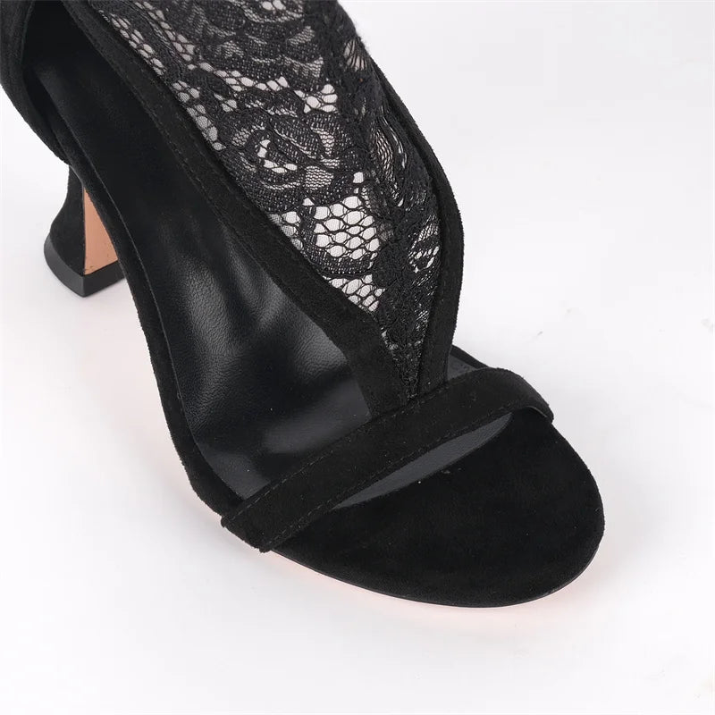 Onlymaker Women Round Toe Lace Mesh Over The Knee Boots Back Zipper Heel High Sexy Thigh Boots Sandals