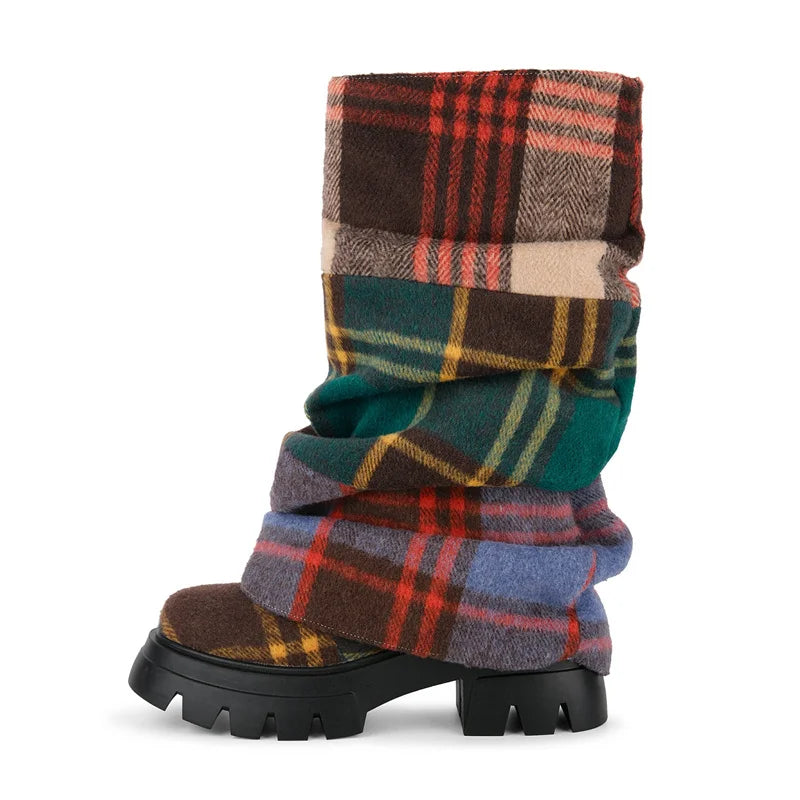Onlymaker Women Platform  Pleated Fold Over Boots Round Toe Handmade Female Fashion Mid-Calf Boots