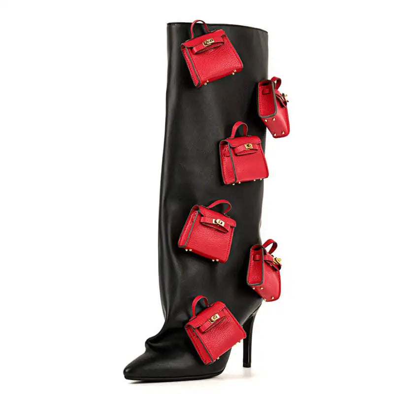 Women Pointed Toe Purse Decorated Knee High Boots Fashion Mid Calf Pull On Boots