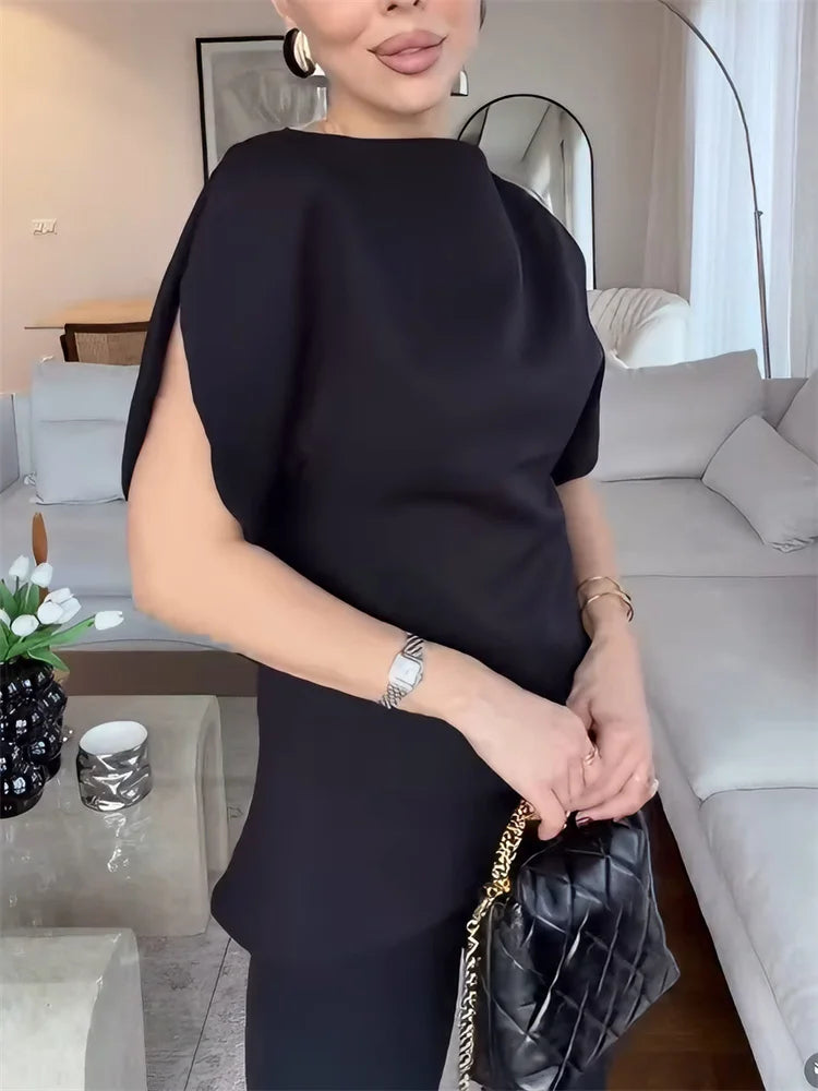 Black Knit Loose Pullover Sweater Female Short Sleeve Patchwork Commute High Waist Solid Top Clothes Women's Knitwear Top