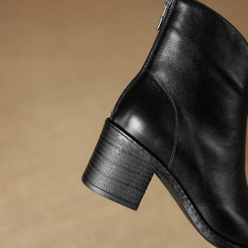 Women Handmade Genuine Leather Pointed Toe Chunky Heel Shoes Casual Zip Ankle Boots Western Boots 34-40