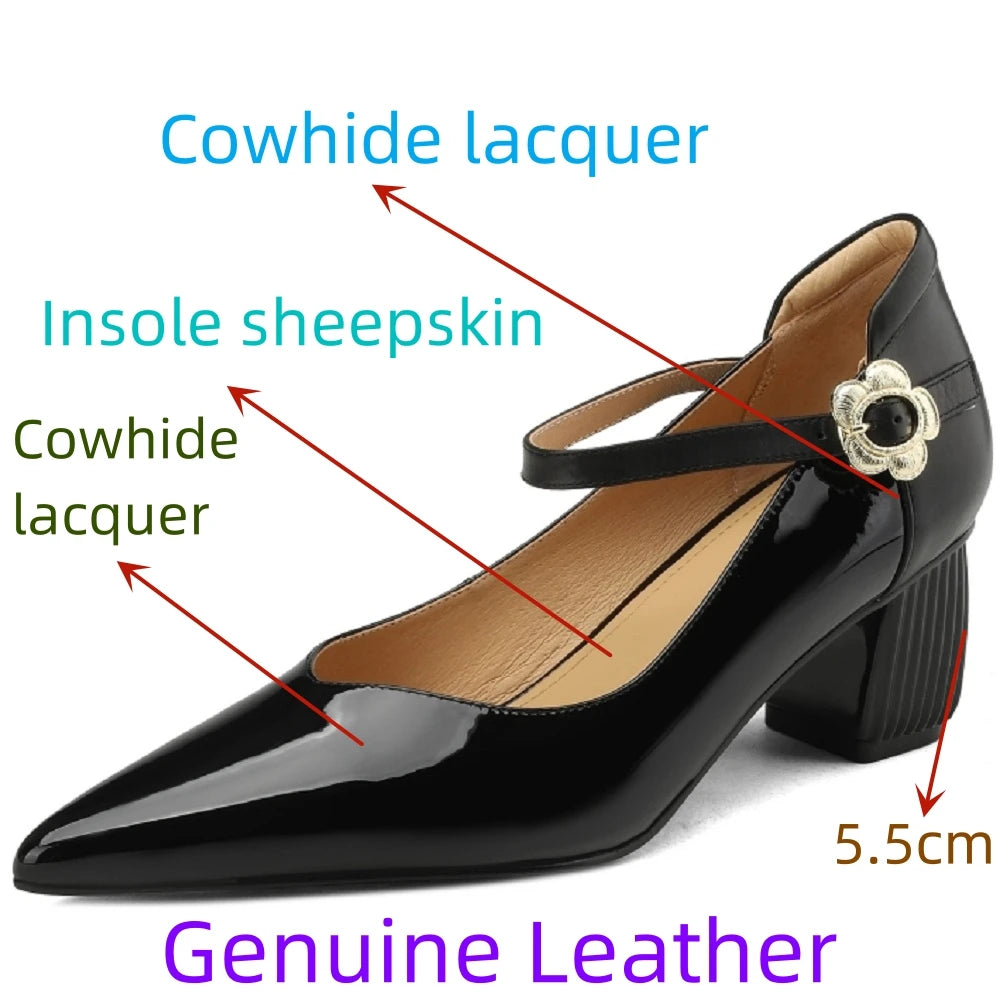 Retro Light Women Handmade Genuine Leather Pointed Toe Metal Buckle One-Strip Style Mid Heel Single Comfortable