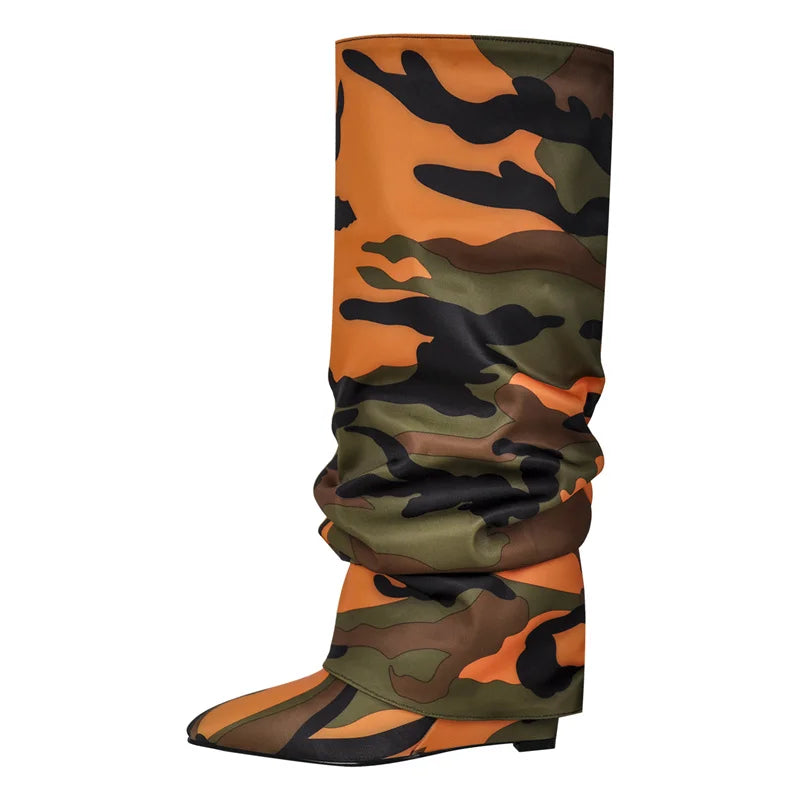 Onlymaker Woman Pointed Toe Knee Wedge High Heel Pleated  Fashion Big Size Camouflage Winter Boots