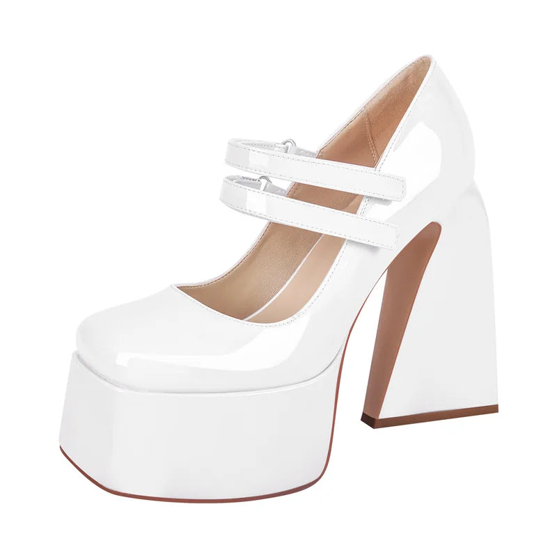 Women Pumps Mary-Jane Platform Black Patent Leather Chunky High Heels Ankle Strap Dress Party Plus Size Punk Shoes