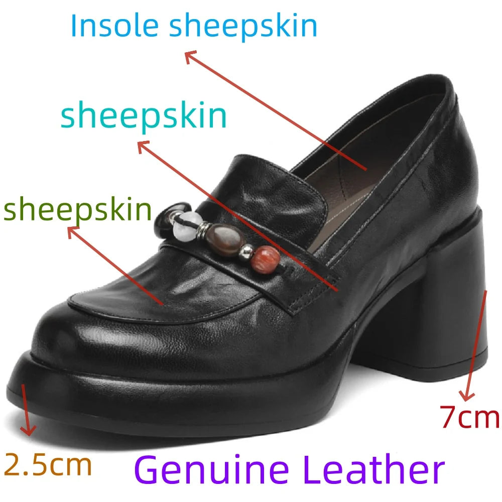 Vintage Soft Genuine Leather Shoes Women Loafers Spring Thick Sole Platform Shoes Single for Office Work 34-40