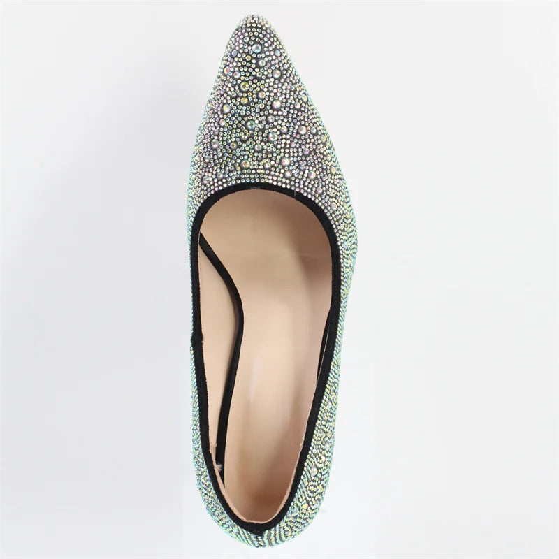 Women Rhinestone Pointed Toe Chunky Heel Pumps Slip On Thick Heel Wedding Office Dress Big Size Lady Shoes