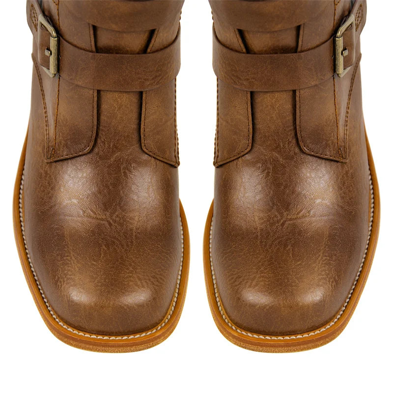 Women Round Toe Mid-Calf Boot Matte Brown Thick Heels Zipper Winter Big Size Buckle Boots