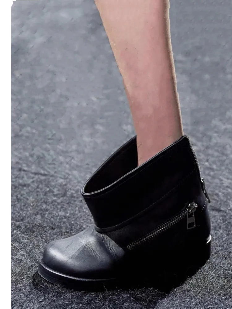 2025 Women's New Ankle Boot Design Zipper Low Heel Flat Bottom Women's Short Boots Motorcycle Boots Spring and Autumn