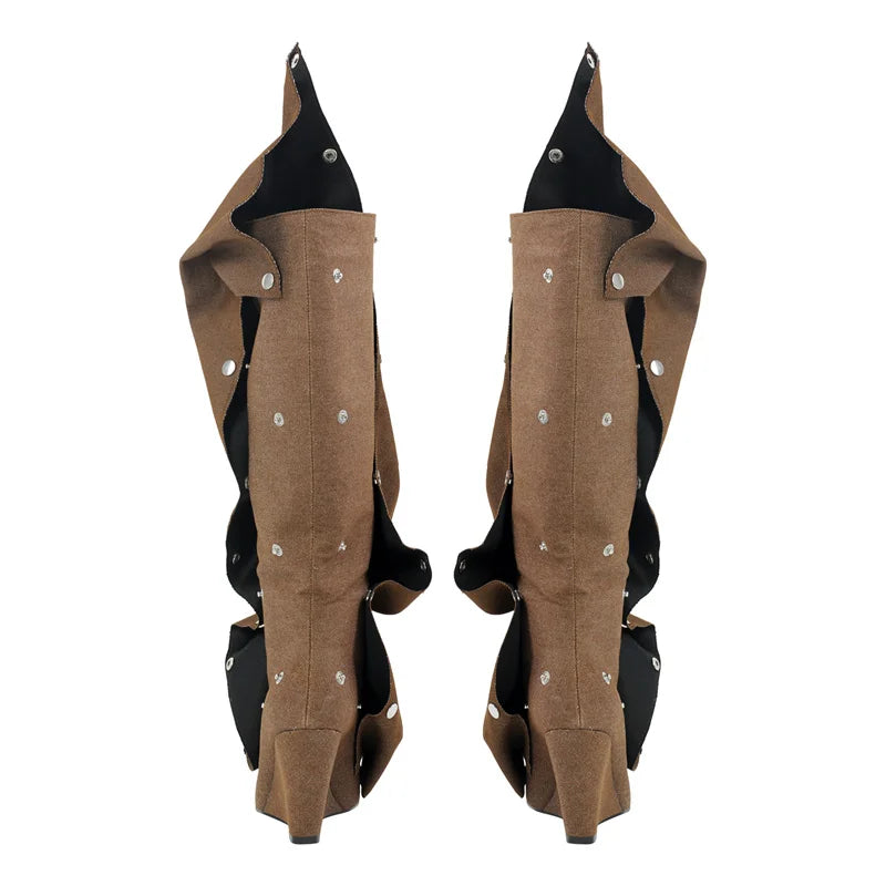 Onlymaker Women Pointed Toe Pleated Wedges Knee High Boots  Fashion Black Matte Buttons Boots