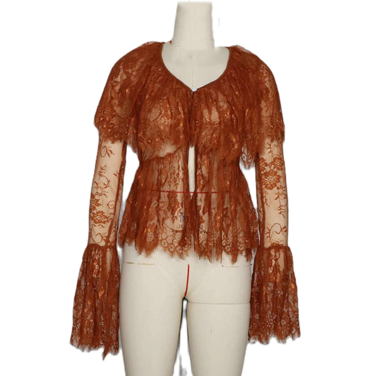 Women Lace Long Sleeve Peplum Top Flowy Bow Front Tie Up Babydoll Shirt Y2k Coquette Ruffle Trim Boho Sheer Blouse Going Out Top