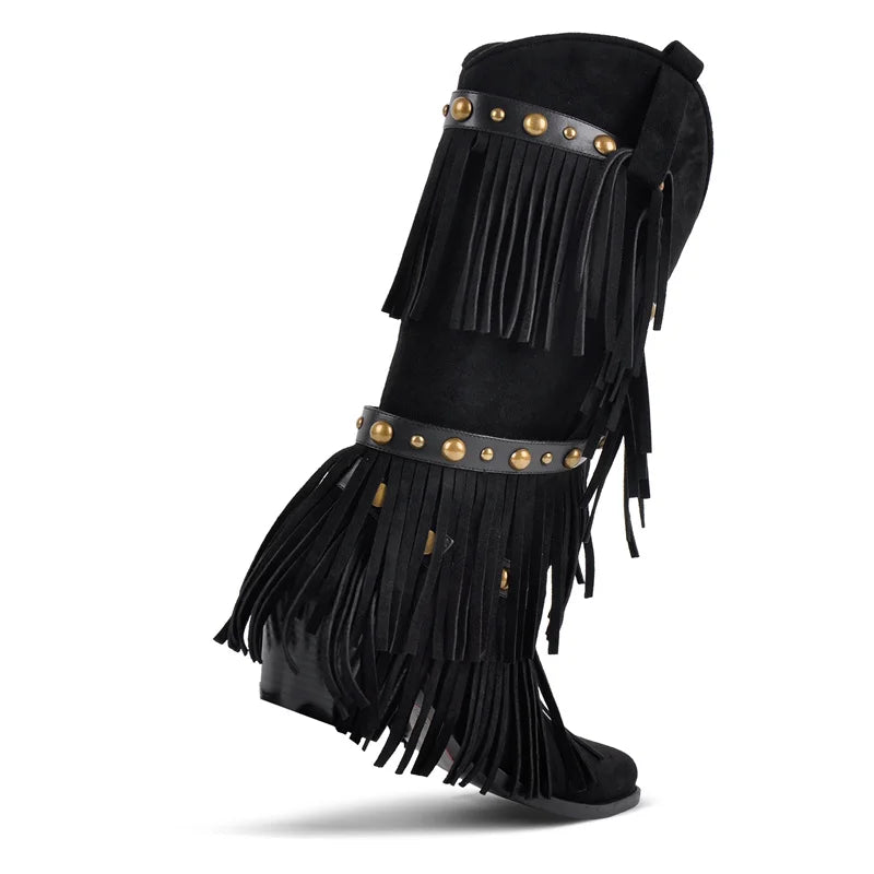 Onlymaker Women Black Pointed Toe Fringe Pull-on Knee High Boots Comfy Pull On Mid Calf Chunky Heel Western Boots