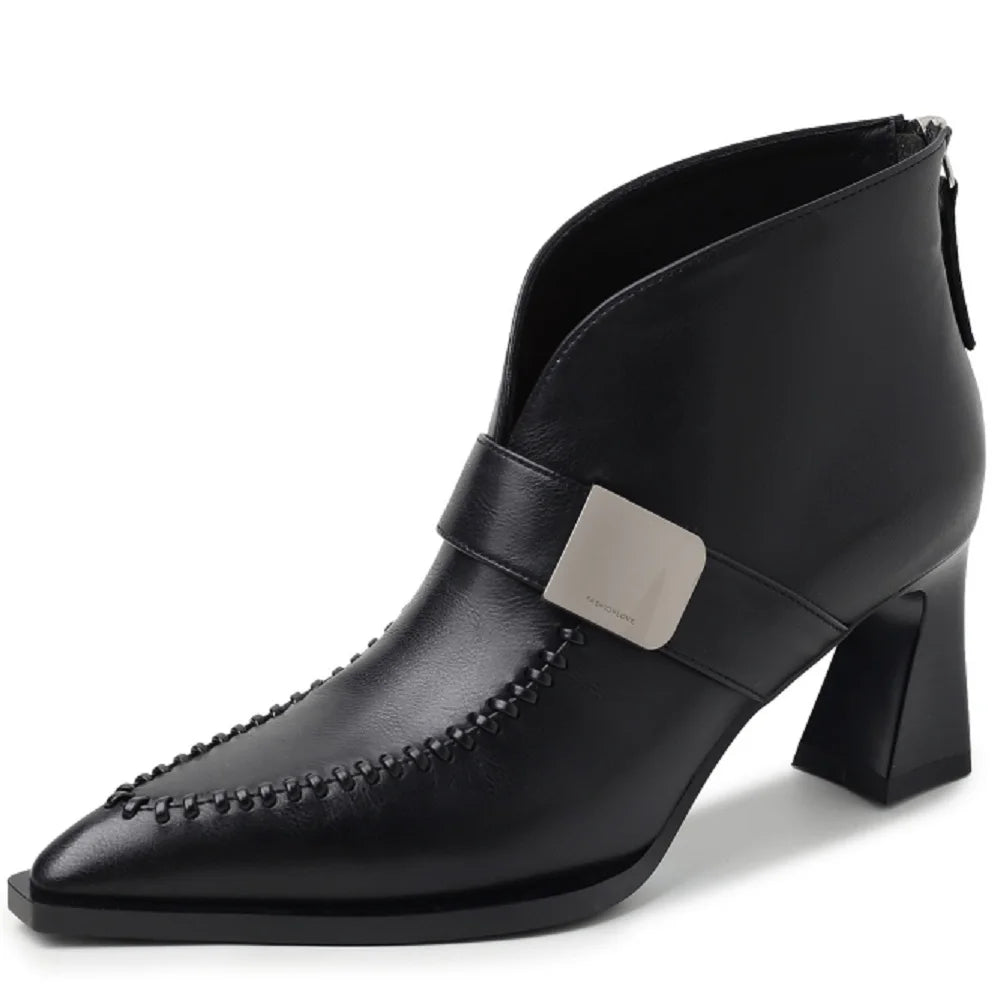 New Handmade Genuine Leather Soft and comfortable Pointed Toe Boots Chunky High Heels Shoes Ankle Boots 33-40