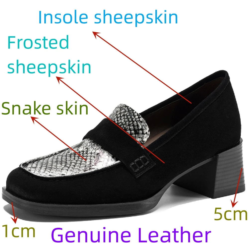 Women Casual High Heels Loafers Genuine Leather Chunky Mid Heels Shoes Spring New Retro Daily Office 34-40