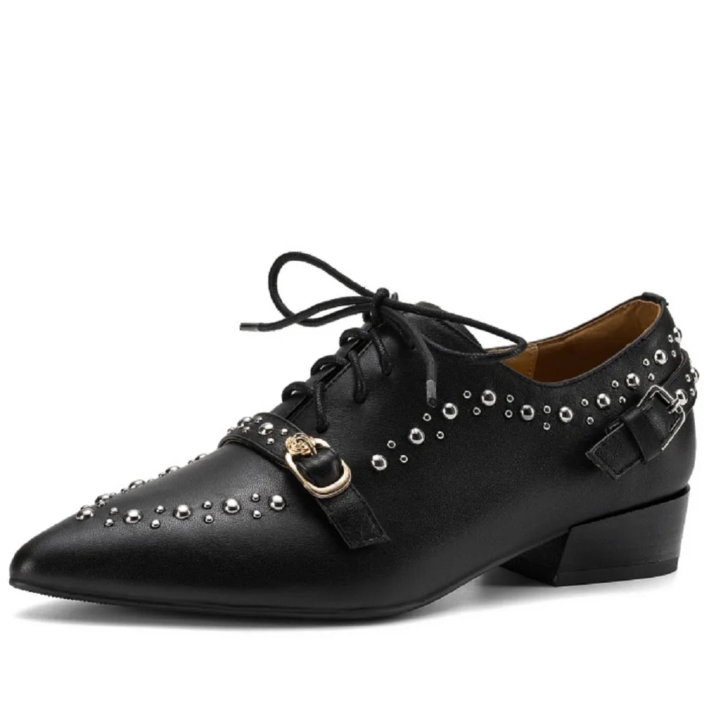 Women's Handmade Genuine Leather with Pointed Toe Mid Heel Casual Office Slip-On Dress Shoes for Girls 33-43