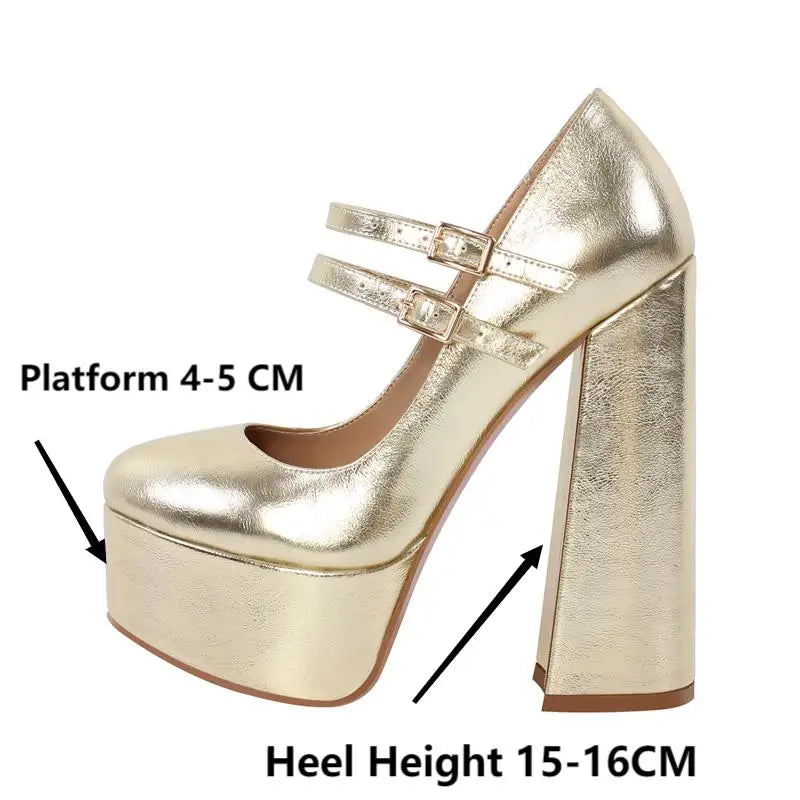 Women Mary-Jane Platform Pumps Gold Chunky 16CM High Heels Ankle Strap Dress Party Plus Size Hoof Heel Shoes